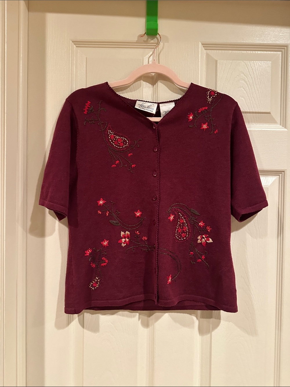 Kathie Lee Collection Burgundy Button-Front Embroidered Short Sleeve cardigan